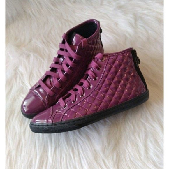 DIAMOND QUILTED LEATHER HIGH TOPS SNEAKERS PATENT PURPLE SZ 9 Women SZ 9 - Picture 9 of 11